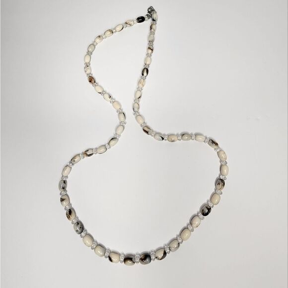 Ann Taylor LOFT White Swirl And Clear Beads Necklace, 38" - Picture 1 of 4